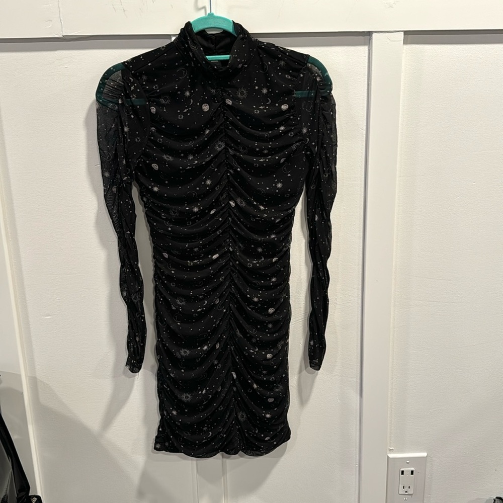 Worn only once!! Black ruched dress with sheer sleeves.